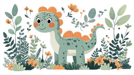 Obraz premium Adorable Dinosaur in a Lush Garden: A whimsical illustration of a friendly dinosaur surrounded by vibrant flowers and foliage.