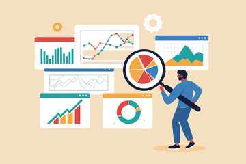 Analysis report research result, chart and diagram dashboard, financial graph statistics, analyze data, SEO or optimization concept, businessman with magnifying glass analyze research chart and graph.