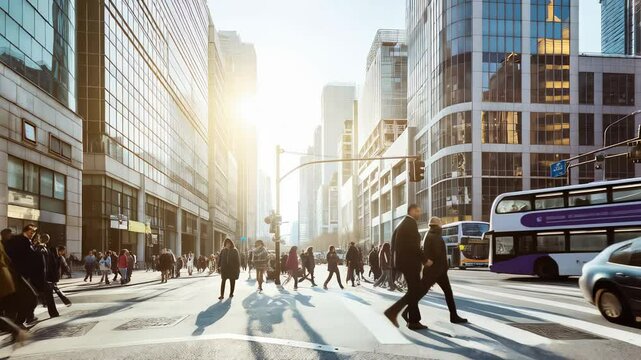 Businesspeople crossing Castellana street in Madrid during rush hour, with sun shining through skyscrapers