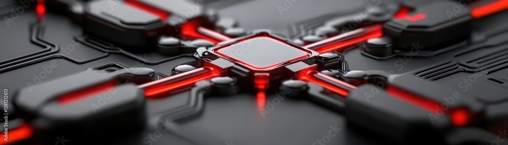 Poster abstract image depicts a central square element with glowing red lines extending to four surrounding