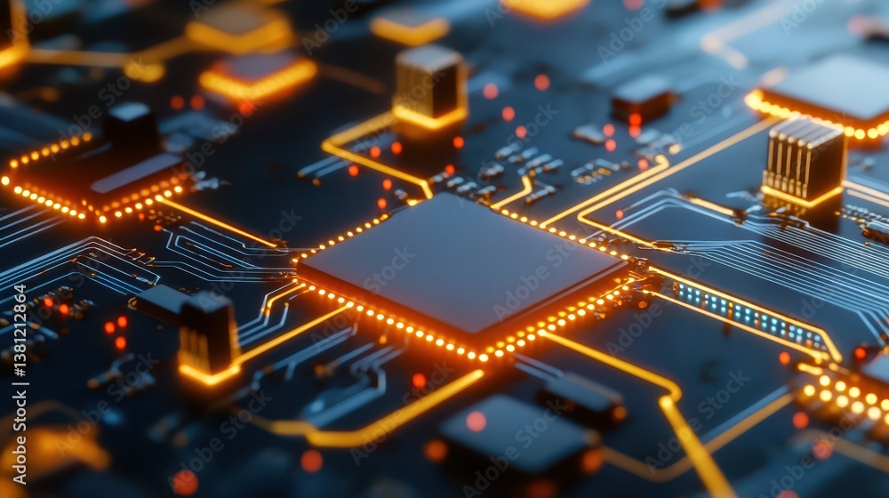 Poster closeup of a complex electronic circuit board, detailed view of intricate wiring and components