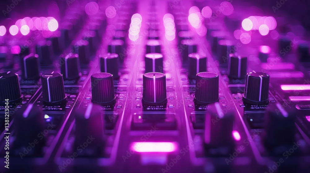 Poster purple sound mixer board: a close-up view of audio mixing console knobs and faders underneath vibran