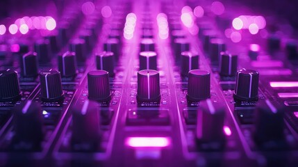 Obraz premium Purple Sound Mixer Board: A Close-Up View of Audio Mixing Console Knobs and Faders Underneath Vibrant Purple Lighting