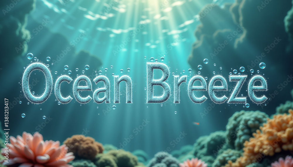 Poster the image is of a beautiful underwater scene with a bright blue sky and a clear ocean. the word 