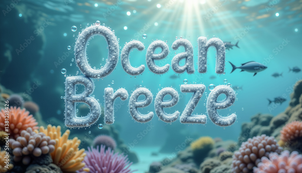 Poster ocean breeze is the title of the image. a colorful underwater scene with various sea creatures such 
