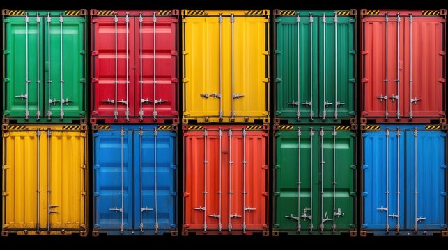 Vibrant stacks of shipping containers at a busy international port, global trade hub