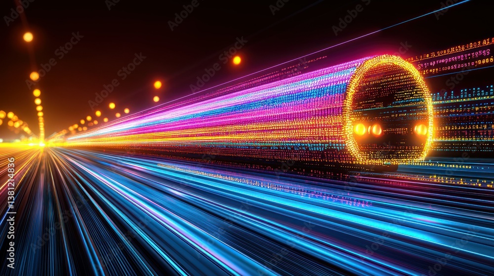 Poster high-speed digital data stream: futuristic tunnel of light and information