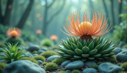 Fototapeta premium A small plant with a yellow flower is growing in a rocky field. The plant is surrounded by rocks and grass, giving it a natural and wild appearance