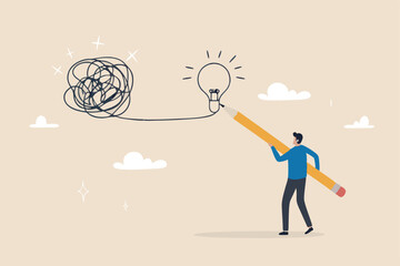 Creativity to solve problem, solution from trouble or difficulty, simplify idea from messy chaos problem, business skill solve complex obstacle concept, business man draw lightbulb from messy knot.