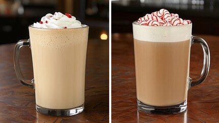 Two festive lattes one topped with whipped cream, one with peppermint candies