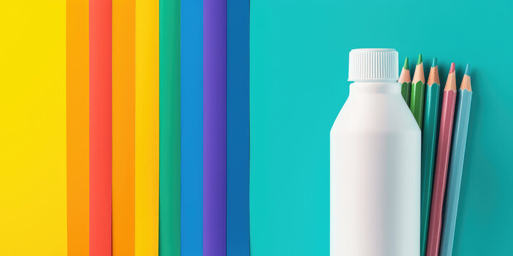 Colored paper, colored pencils and bottle of pva glue. Art set of supplies for kids, School theme, hand-made, DIY, creative background.