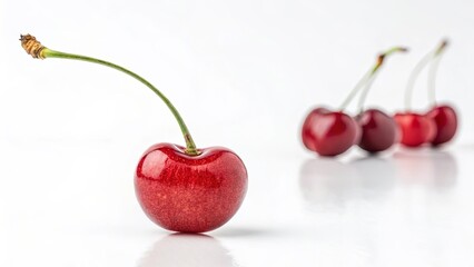 Single fresh cherry standing upright in focus with blurred cherries in background, glossy fruit on bright white reflective surface with copy space