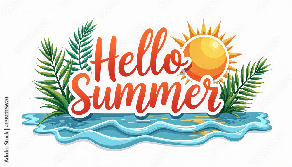 Poster a colorful illustration of a beach scene with a sun and palm trees. the text reads 