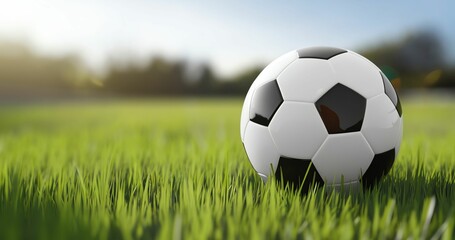 Fototapeta premium 3D render A classic black and white soccer ball rests on vibrant green grass under a bright sky, with a blurred background of trees and soft sunlight.