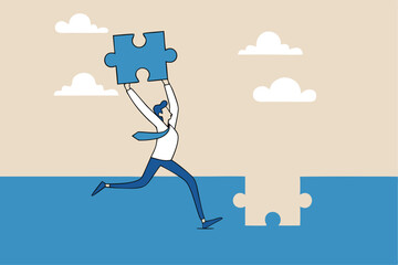 Complete jigsaw puzzle to solve business problem, solution or connection for business achievement, challenge and accomplishment concept, businessman complete last missing jigsaw puzzle piece.