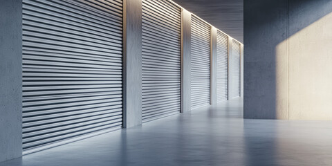 Obraz premium Self storage facility corridor with metal automatic doors, indoor garage units for rental and storage. Safe, secure, business inventory moving. 