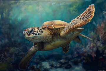 Obraz premium Painting of a sea turtle swimming in crystal clear tropical waters, showcasing the beauty and tranquility of marine life