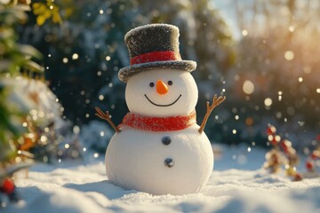 Fototapeta premium Cheerful snowman with red scarf and top hat in sunny winter landscape