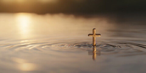 Сross symbol in water with splash. Clean water droplets with Christian symbol. Creative concept of Christian baptism in holy water