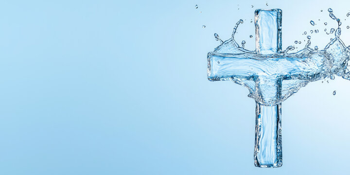Сross symbol in water with splash. Clean water droplets with Christian symbol. Creative concept of Christian baptism in holy water