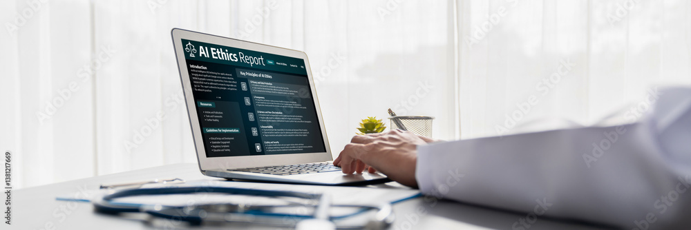 Poster ai ethics responsibility standard law and rules on computer screen provide report of ai ethic transp