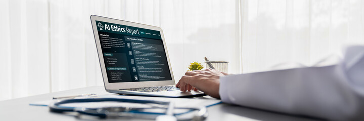 AI ethics responsibility standard law and rules on computer screen provide report of AI ethic transparency preventing technology crime. brisk