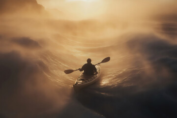 Obraz premium Kayaker paddling through misty golden ocean waves at sunset, creating a dramatic and inspiring scene