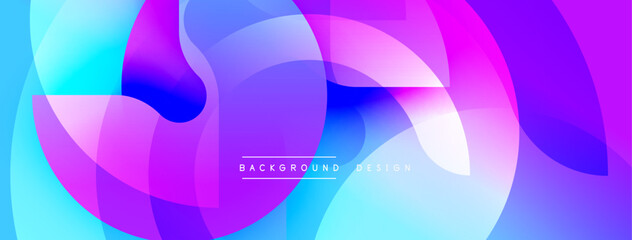 Abstract vibrant background. Overlapping translucent shapes create dynamic flow. Purple, blue, pink hues blend seamlessly. Modern design element.