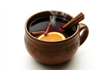 Aromatic mulled wine simmering in a rustic mug, infused with cinnamon and orange, creating a warm and inviting winter beverage