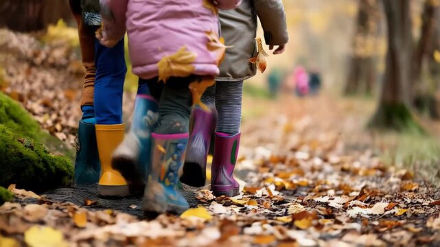 Kids wearing colorful rain boots strolling through fallen autumn leaves on forest trail, sharing joyful woodland wandering and childhood exploration