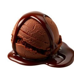 Chocolate ice cream scoop with melting chocolate sauce.