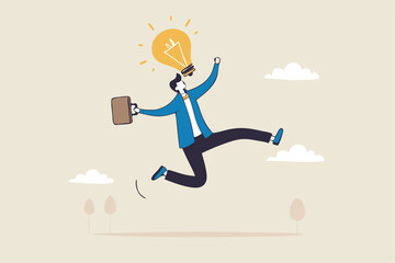 Get new business idea, think or brainstorming for solution, creativity or invention, brilliant idea discovery, intelligence or wisdom to drive success concept, businessman jump lightbulb idea head.
