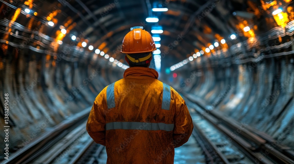 Poster a mining worker in safety gear surveys the interior of a dimly lit underground tunnel, focusing on t