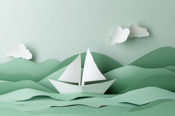 A stylized paper boat sailing against a backdrop of gently layered green mountains, symbolizing tranquility and creativity while offering a serene interpretation of nature.