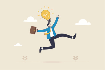 Get new business idea, think or brainstorming for solution, creativity or invention, brilliant idea discovery, intelligence or wisdom to drive success concept, businessman jump lightbulb idea head.