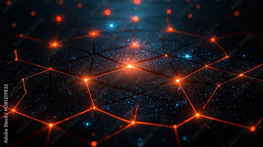 Poster abstract network: glowing hexagonal grid in deep space