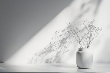 Fototapeta premium A simple white vase with delicate flowers casting soft shadows, creating a minimalist and elegant aesthetic that highlights beauty in simplicity and form.