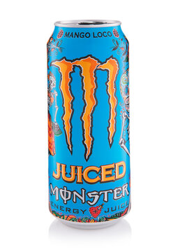 LONDON,UK - MARCH 07, 2025: Monster Juiced energy soft soda drink mango loco on white background.