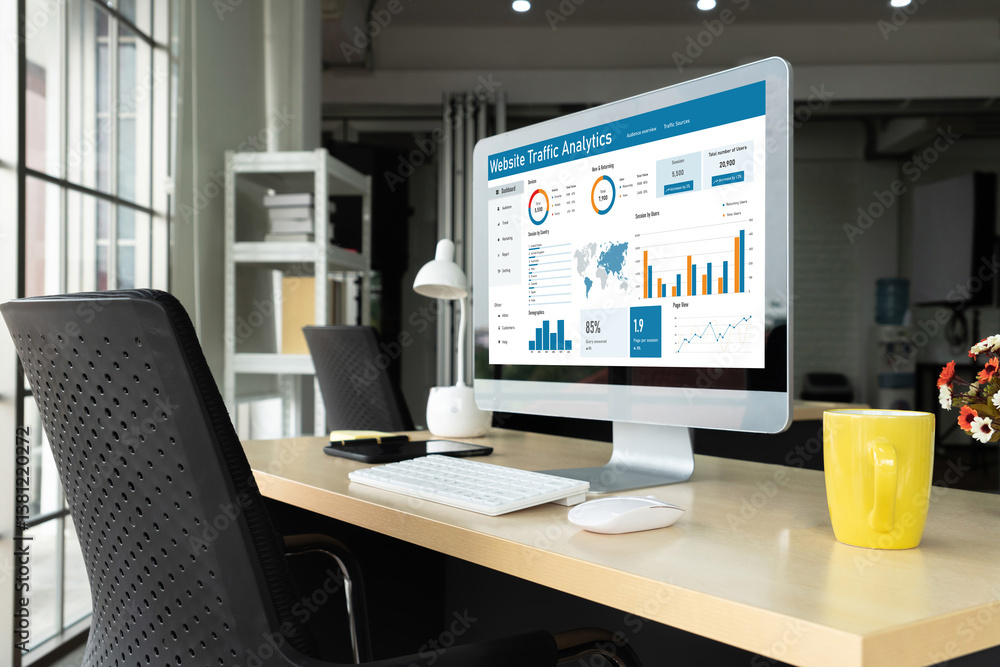 Poster computer software for website traffic analytics data on computer screen. concept of seo search engin