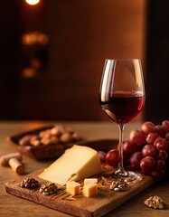 Red wine and cheese platter with grapes and nuts on wooden table