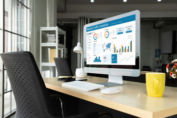 Computer software for website traffic analytics data on computer screen. Concept of SEO search engine optimization and customer targeting for online business snugly