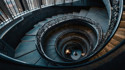 Fototapeta premium An elegant spiral staircase with dark stone steps and ornate, wrought iron handrails. 