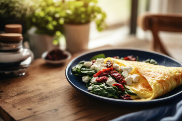 A rolled omelette with feta cheese, spinach, and sun-dried tomatoes, set in a rustic dish with natural window lighting creating soft shadows and highlights on the surface