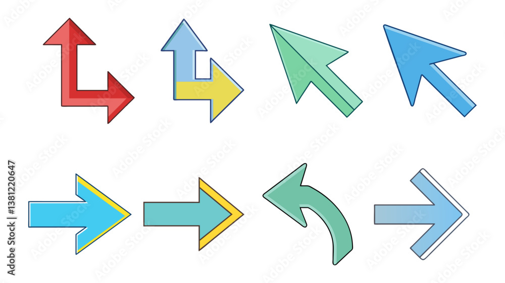 Aufkleber collection of colorful arrows pointing in various directions for navigation and user interface desig