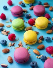Fototapeta premium Colorful macarons and fresh berries with nuts on blue background