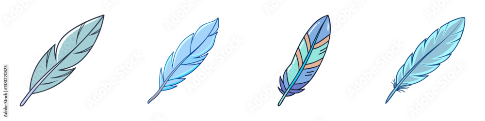 Poster collection of four blue bird feathers with different designs and patterns