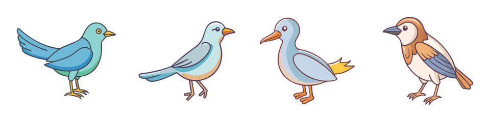 Collection of Four Cute Cartoon Birds in Different Poses and Colors