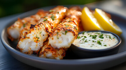 Grilled crab legs served with lemon wedges and a garlic butter dipping sauce on the side.