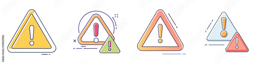 Poster collection of colorful triangular warning signs with exclamation marks alert symbols