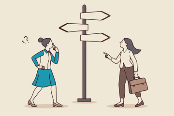 Decision choice, confusion, doubt for opportunity, challenge to choose career path, way to success or tough decision, way to solve problem concept, confused businesswoman make decision choosing path.